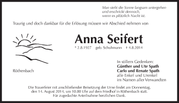 Traueranzeige von Anna Seifert von Pegnitz-Zeitung